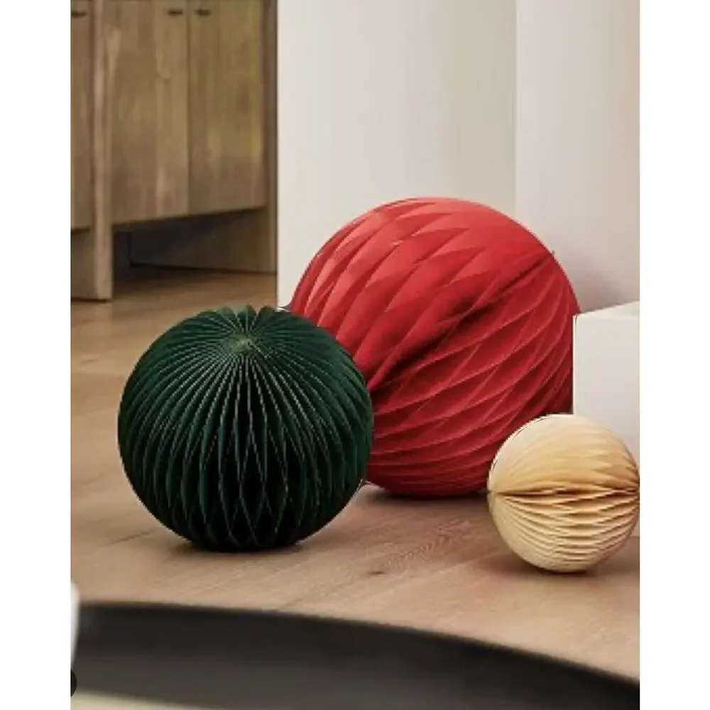 West Elm Paper Origami Hanging Lantern Decoration 18” Red Round Honeycomb